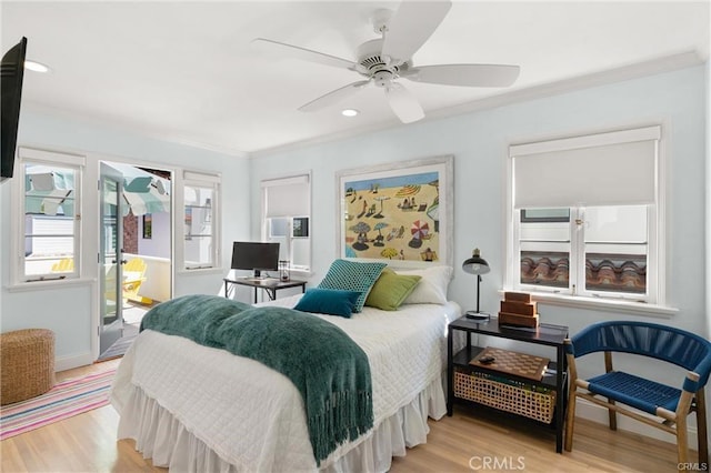 113 Via Yella, Newport Beach, CA 92663 - bedroom featuring light wood finished floors, crown molding, recessed lighting, a ceiling fan, and access to outside