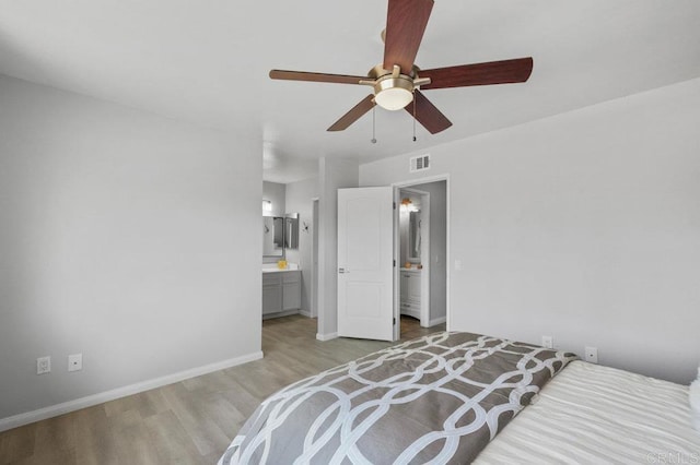 3015 Iris Ave Unit F, San Ysidro, CA 92173 - bedroom with light wood finished floors, connected bathroom, and ceiling fan