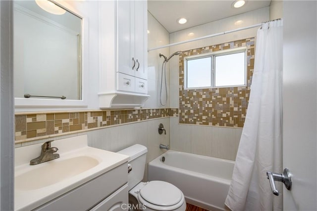 1321 Edgemont St, La Habra, CA 90631 - bathroom featuring vanity, shower / bathtub combination with curtain, tasteful backsplash, and recessed lighting