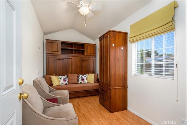 1321 Edgemont St, La Habra, CA 90631 - living area featuring a ceiling fan, light wood finished floors, and lofted ceiling