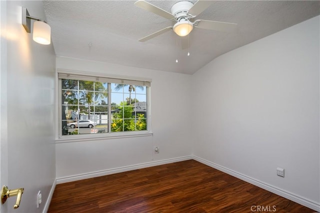 1321 Edgemont St, La Habra, CA 90631 - empty room featuring wood finished floors, a ceiling fan, a textured ceiling, and vaulted ceiling