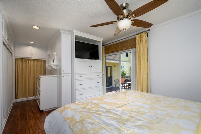 1321 Edgemont St, La Habra, CA 90631 - bedroom featuring ornamental molding, access to outside, dark wood-style floors, recessed lighting, and a textured ceiling