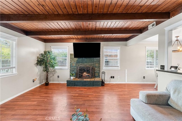 43249 42nd St W, Lancaster, CA 93536 - living area featuring a wood ceiling with exposed beams, wood finished floors, a fireplace, and plenty of natural light