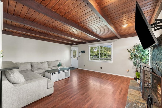 43249 42nd St W, Lancaster, CA 93536 - living room featuring wood finished floors and a wooden ceiling with exposed beams