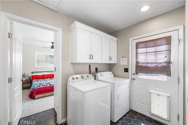 43249 42nd St W, Lancaster, CA 93536 - laundry area featuring separate washer and dryer, cabinet space, recessed lighting, ceiling fan, and dark carpet