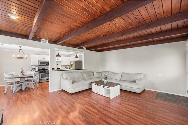43249 42nd St W, Lancaster, CA 93536 - living area featuring wood finished floors, a wood ceiling with exposed beams, and a chandelier