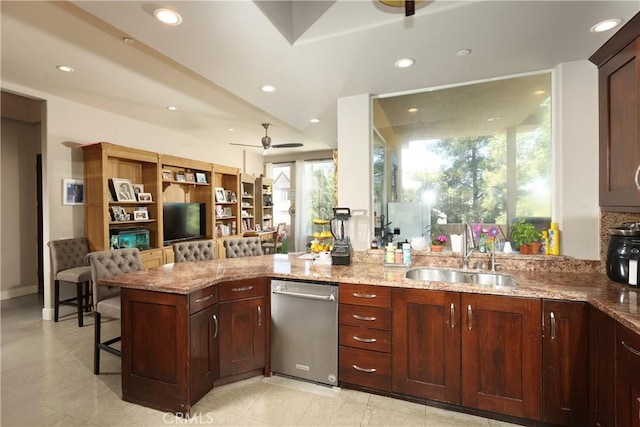 23640 Aster Trl, Calabasas, CA 91302 - bar area with dishwasher, recessed lighting, ceiling fan, and light tile patterned flooring