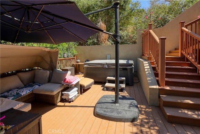 23640 Aster Trl, Calabasas, CA 91302 - wooden deck featuring a hot tub, stairs, and an outdoor living space
