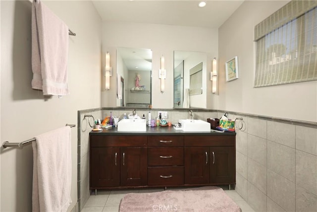 23640 Aster Trl, Calabasas, CA 91302 - bathroom with tile walls, tile patterned floors, double vanity, wainscoting, and recessed lighting