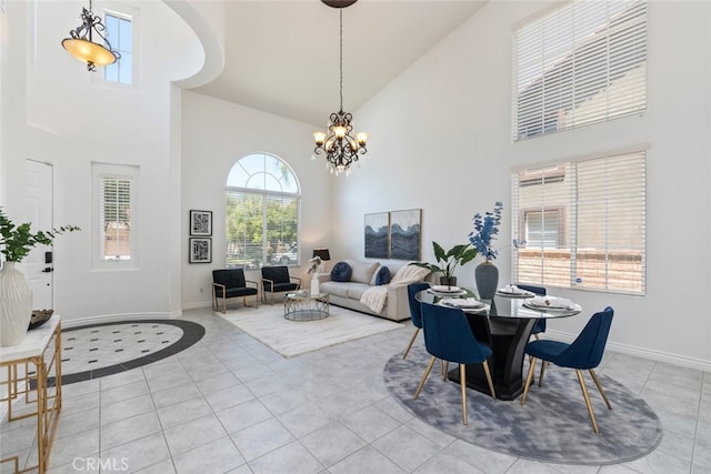 4262 Havenridge, Corona, CA 92883 - dining area with high vaulted ceiling, a chandelier, and light tile patterned floors