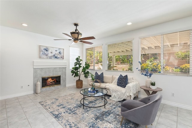 4262 Havenridge, Corona, CA 92883 - tiled living room with a tile fireplace, ceiling fan, and recessed lighting