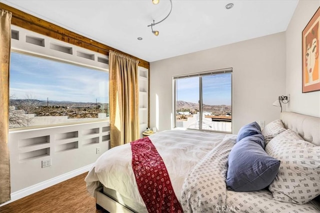 7423 Juniper Rd, Joshua Tree, CA 92252 - bedroom featuring a mountain view, wood finished floors, and access to exterior