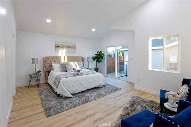 1402 E Luray St, Long Beach, CA 90807 - bedroom with wood finished floors, access to outside, recessed lighting, and high vaulted ceiling