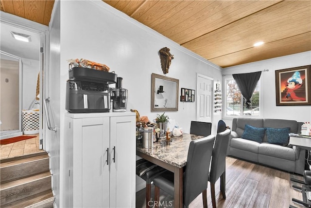 19140 Enadia, Reseda, CA 91335 - dining area featuring wood ceiling, wood finished floors, and ornamental molding