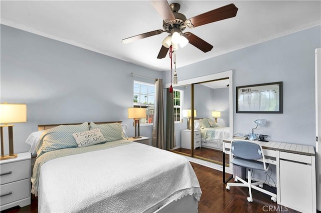 19140 Enadia, Reseda, CA 91335 - bedroom featuring dark wood-style flooring, ceiling fan, and a closet