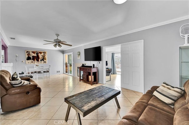 19140 Enadia, Reseda, CA 91335 - living area with crown molding, light tile patterned floors, and ceiling fan