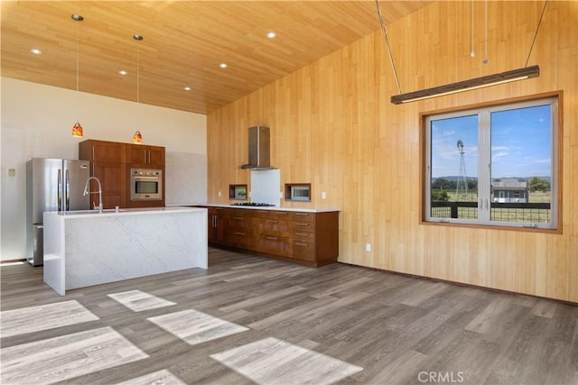 3155 Soda Bay Rd, Lakeport, CA 95453 - kitchen with range hood, stainless steel appliances, wood finished floors, light countertops, and wood ceiling