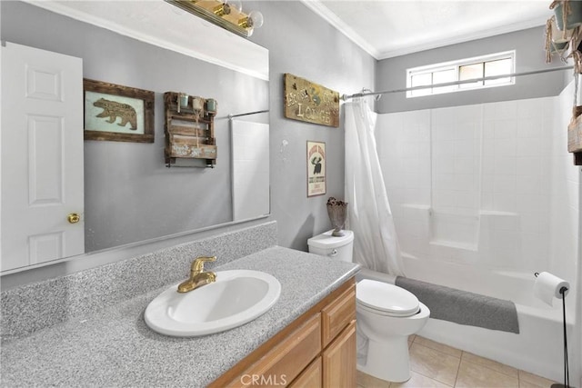 810 Oakmont Ln, Lake Arrowhead, CA 92352 - bathroom featuring vanity, shower / bath combination with curtain, ornamental molding, and tile patterned floors