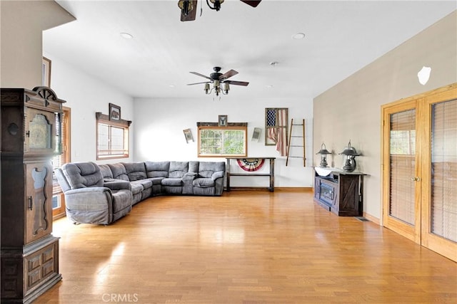 810 Oakmont Ln, Lake Arrowhead, CA 92352 - living room with ceiling fan, light wood-style floors, recessed lighting, and french doors