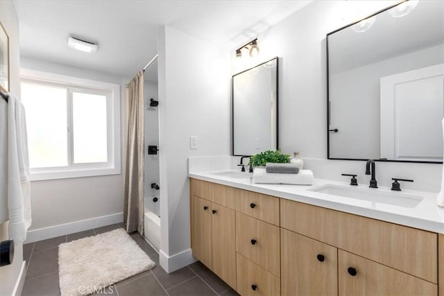 19625 Romar St, Northridge, CA 91324 - bathroom featuring double vanity, shower / bath combination with curtain, and tile patterned floors
