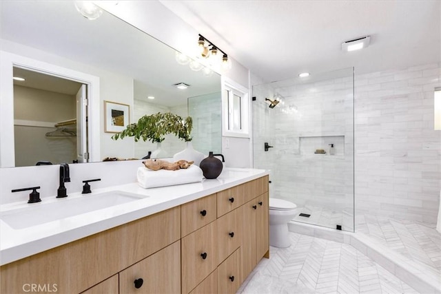 19625 Romar St, Northridge, CA 91324 - bathroom featuring double vanity, a tile shower, and a spacious closet