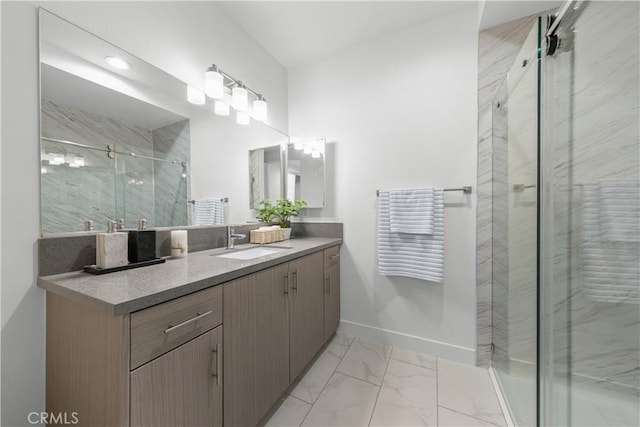 168 S Monterey St Unit 502, Alhambra, CA 91801 - full bathroom with vanity, a marble finish shower, and marble look tile flooring