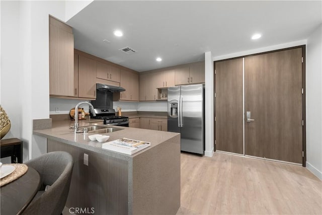168 S Monterey St Unit 502, Alhambra, CA 91801 - kitchen featuring appliances with stainless steel finishes, light wood-style flooring, a peninsula, under cabinet range hood, and recessed lighting