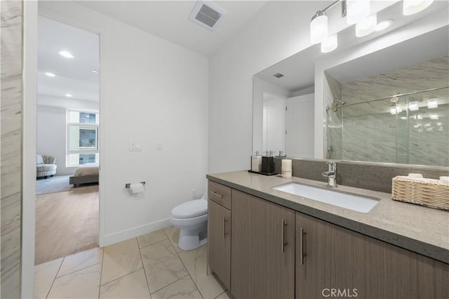 168 S Monterey St Unit 502, Alhambra, CA 91801 - full bath with vanity, a shower stall, marble look tiles, connected bathroom, and recessed lighting