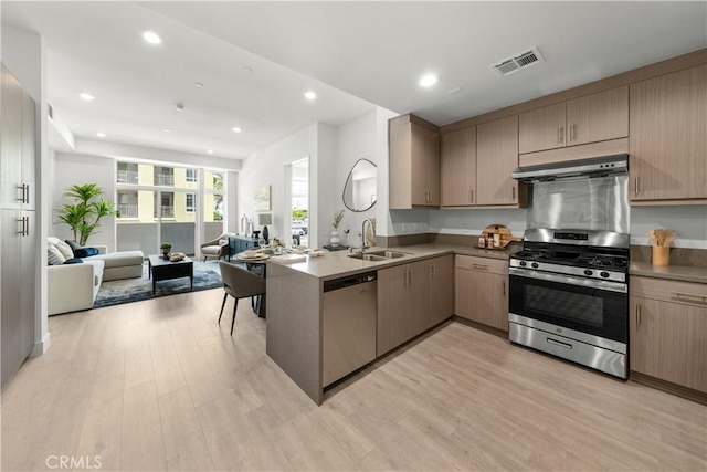 168 S Monterey St Unit 502, Alhambra, CA 91801 - kitchen featuring appliances with stainless steel finishes, under cabinet range hood, open floor plan, light wood-style flooring, and recessed lighting