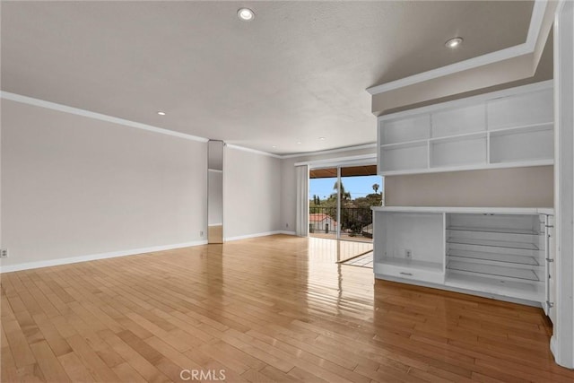 532 N Rossmore Ave Unit 411, Los Angeles, CA 90004 - unfurnished living room with crown molding, light wood-style floors, and recessed lighting