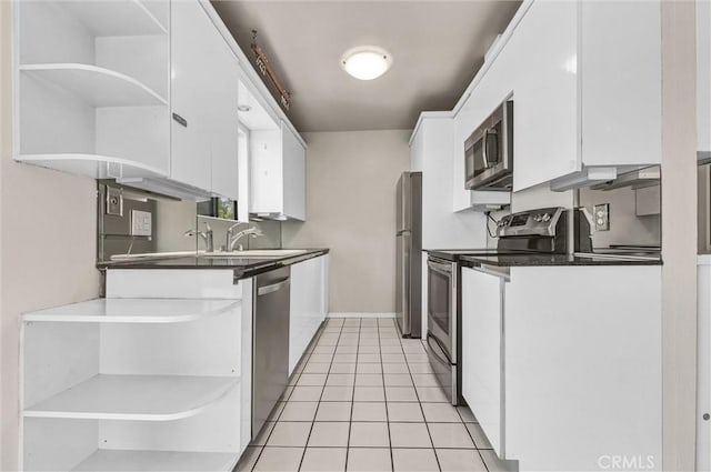 532 N Rossmore Ave Unit 411, Los Angeles, CA 90004 - kitchen featuring open shelves, stainless steel appliances, white cabinets, dark countertops, and light tile patterned floors