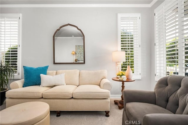 8507 E Heatherview Ln, Orange, CA 92869 - living room featuring crown molding, healthy amount of natural light, and carpet