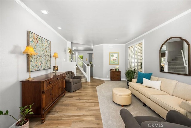 8507 E Heatherview Ln, Orange, CA 92869 - living room with crown molding, stairway, light wood-type flooring, and recessed lighting