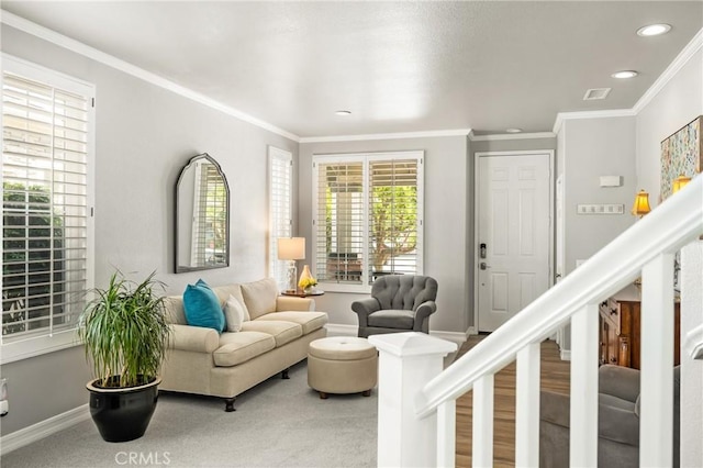 8507 E Heatherview Ln, Orange, CA 92869 - living room with stairway, crown molding, recessed lighting, and carpet flooring