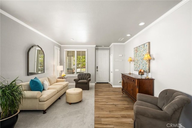 8507 E Heatherview Ln, Orange, CA 92869 - living area with light wood-type flooring, ornamental molding, and recessed lighting