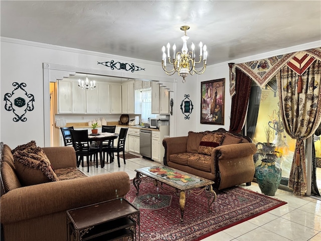 2064 E Campus Way, Hemet, CA 92544 - living room featuring a chandelier, light tile patterned floors, and ornamental molding