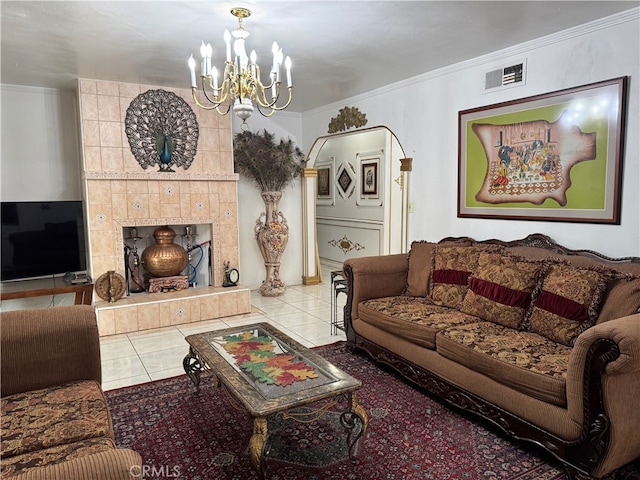 2064 E Campus Way, Hemet, CA 92544 - living room with a chandelier, tile patterned floors, arched walkways, and ornamental molding