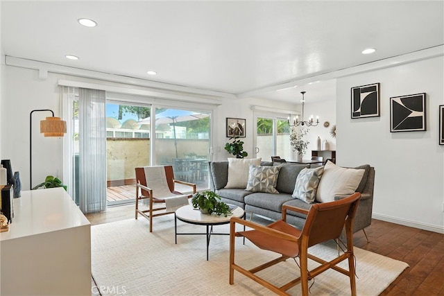 1967 Rolling Vista Dr Unit 58, Lomita, CA 90717 - living area featuring plenty of natural light, hardwood / wood-style floors, a chandelier, and recessed lighting