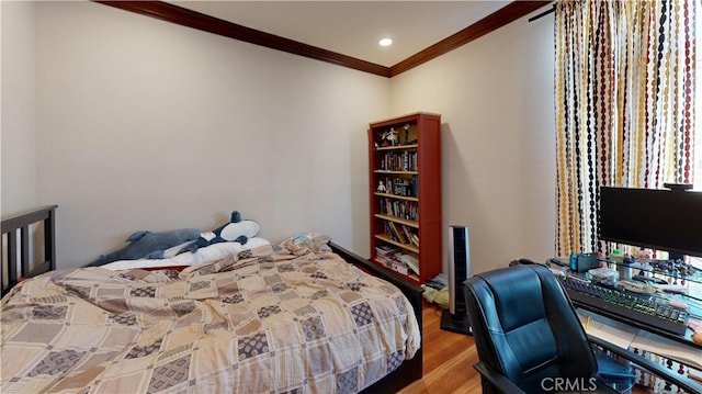 14569 Benefit St Unit 102, Sherman Oaks, CA 91403 - bedroom featuring ornamental molding, wood finished floors, a desk, and recessed lighting