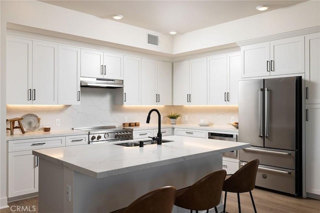 414 Main St Unit 430, Huntington Beach, CA 92648 - kitchen with high quality appliances, under cabinet range hood, a breakfast bar, light stone countertops, and white cabinets