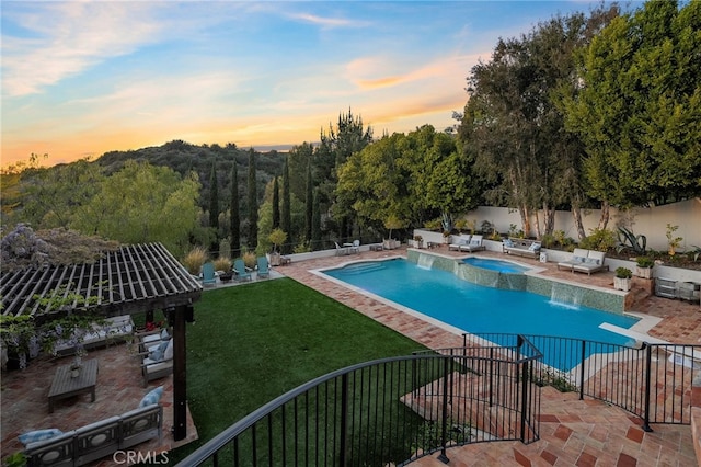 30671 Steeplechase Dr, San Juan Capistrano, CA 92675 - view of swimming pool featuring a fenced backyard, a patio area, a pool with connected hot tub, and outdoor lounge area
