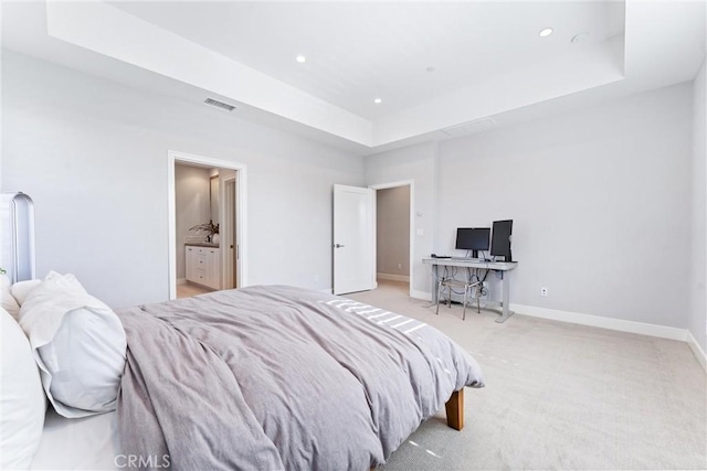 183 Plum Lily, Irvine, CA 92618 - bedroom with a raised ceiling, light carpet, recessed lighting, and ensuite bathroom
