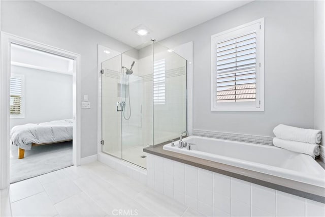 183 Plum Lily, Irvine, CA 92618 - ensuite bathroom with a bath, a stall shower, tile patterned floors, and healthy amount of natural light