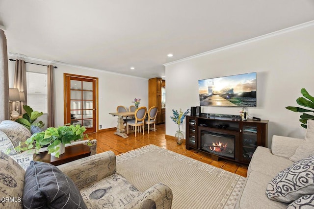 215 Bridewell St, Los Angeles, CA 90042 - tiled living room featuring ornamental molding, recessed lighting, and a glass covered fireplace