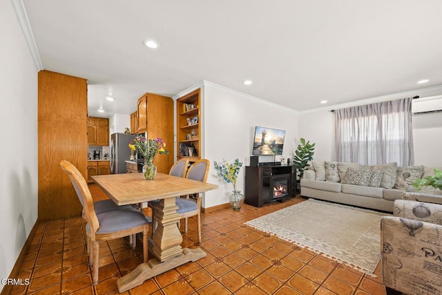 215 Bridewell St, Los Angeles, CA 90042 - dining space with recessed lighting, crown molding, a wall unit AC, and light tile patterned floors