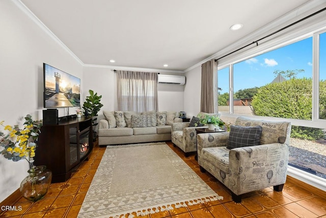 215 Bridewell St, Los Angeles, CA 90042 - tiled living room with crown molding, a wall mounted AC, and recessed lighting
