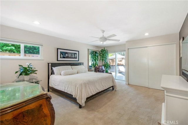 1212 Dover Dr, Newport Beach, CA 92660 - bedroom with light carpet, recessed lighting, ceiling fan, and access to exterior