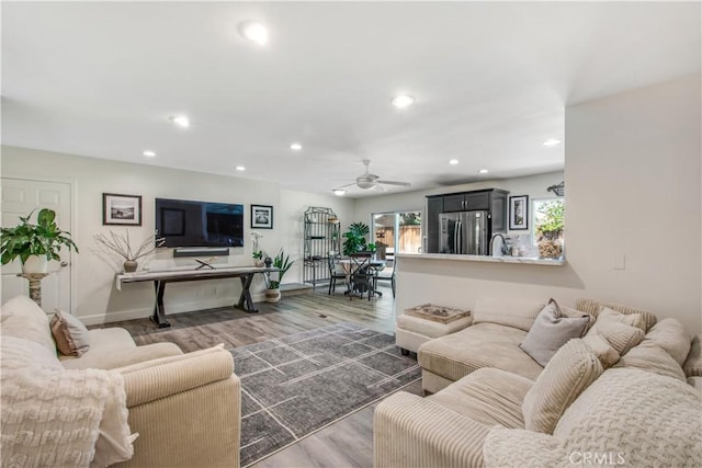 1212 Dover Dr, Newport Beach, CA 92660 - living room with ceiling fan, recessed lighting, and wood finished floors