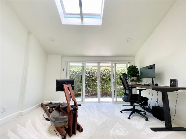 1212 Dover Dr, Newport Beach, CA 92660 - carpeted home office featuring a skylight and vaulted ceiling