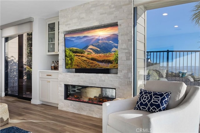 335 W I St, Encinitas, CA 92024 - living area featuring wood finished floors and a fireplace